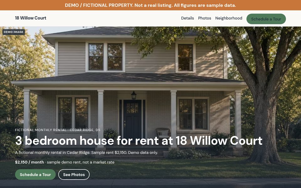 18 Willow Court rental site, homepage