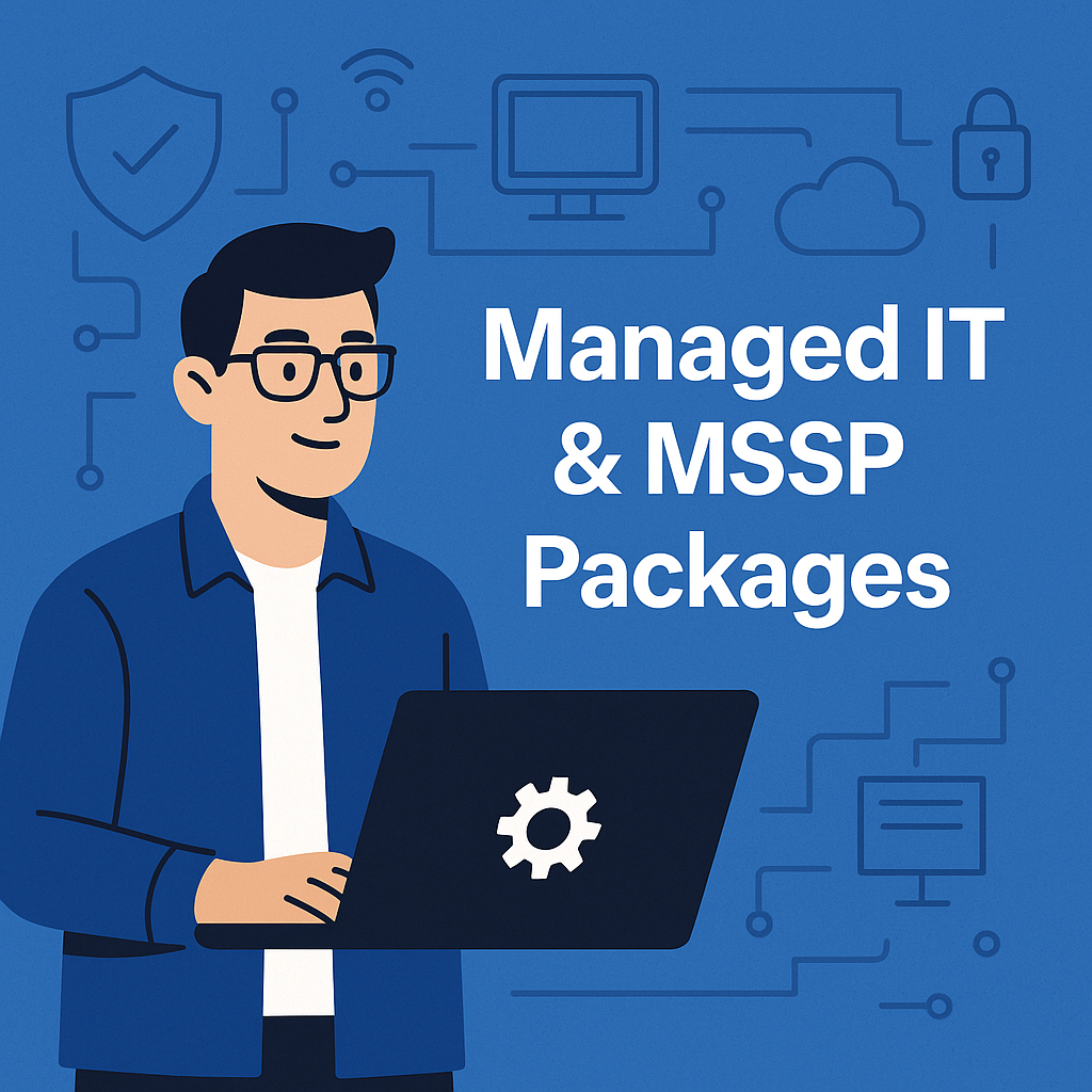 Managed IT and MSSP illustration with shield, servers, and network icons.